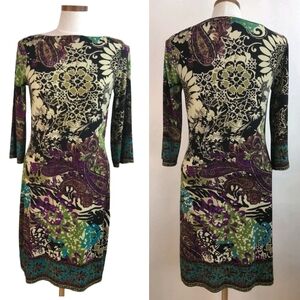 Beige by ECI Paisley Floral Sheath Dress Size 8 Boho Chic Stretch 3/4 Sleeve